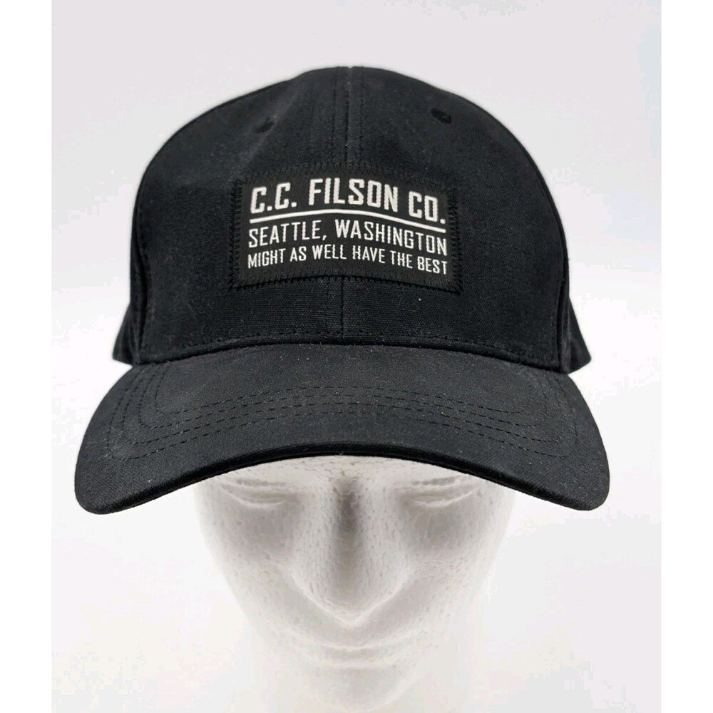 Filson Black Low Profile Logger Cap Leather Strap USA Flag Hat EUC Slogan Patch